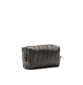 Geometric Stitched Sustainable Scrap Leather Makeup bag Equipped With Brass Zipper and External Carry Strap