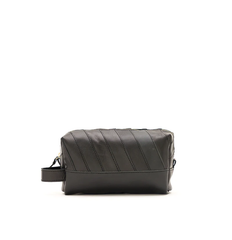 Geometric Stitched Sustainable Scrap Leather Makeup bag Equipped With Brass Zipper and External Carry Strap