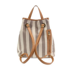 Striped Cotton Canvas Drawstring backpack Fitted With Multi External Zip Pockets and Vegan Leather Trims