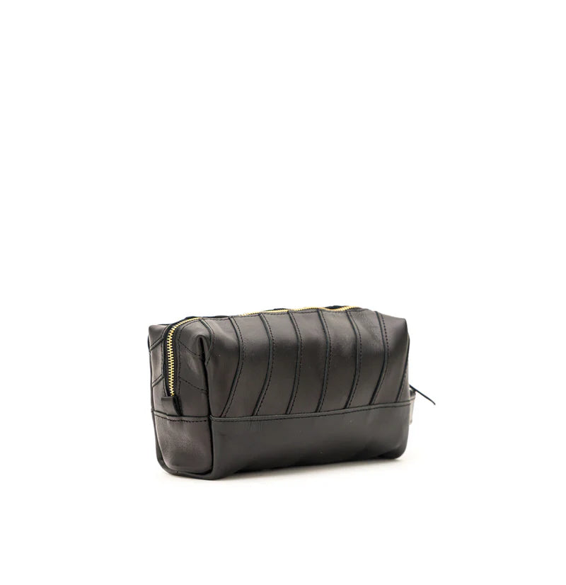 Geometric Stitched Sustainable Scrap Leather Makeup bag Equipped With Brass Zipper and External Carry Strap