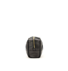 Geometric Stitched Sustainable Scrap Leather Makeup bag Equipped With Brass Zipper and External Carry Strap