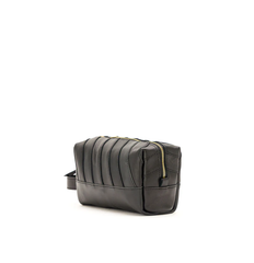 Geometric Stitched Sustainable Scrap Leather Makeup bag Equipped With Brass Zipper and External Carry Strap