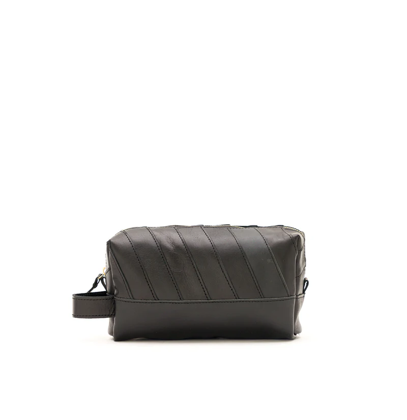 Geometric Stitched Sustainable Scrap Leather Makeup bag Equipped With Brass Zipper and External Carry Strap