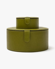 Round Crossgrain Leather Makeup bag With Microfiber Inner Lining and Fastening Clip