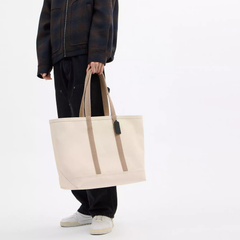 Sturdy Canvas Leather-Trimmed Shopping Bag Capable of Storing Large-Size Laptops