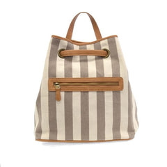 Striped Cotton Canvas Drawstring backpack Fitted With Multi External Zip Pockets and Vegan Leather Trims